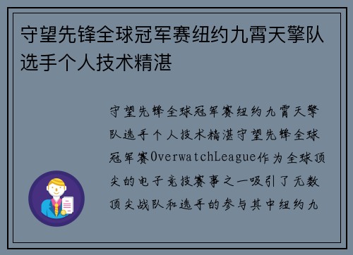 守望先锋全球冠军赛纽约九霄天擎队选手个人技术精湛