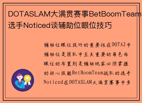 DOTASLAM大满贯赛事BetBoomTeam战队选手Noticed谈辅助位眼位技巧