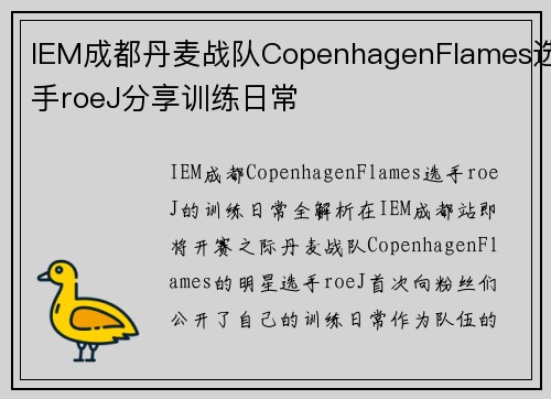 IEM成都丹麦战队CopenhagenFlames选手roeJ分享训练日常